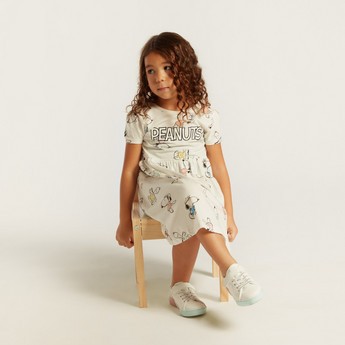 All-Over Snoopy Print Shift Dress with Short Sleeves