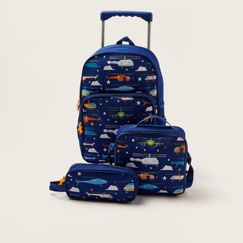 Maricart Helicopter Print Trolley Backpack with Lunch Bag and Pencil Pouch