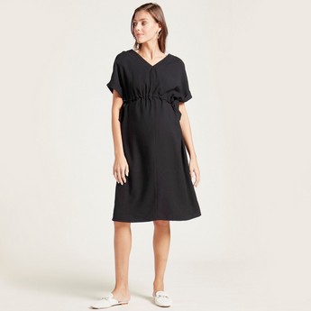 Love Mum Maternity Solid V-neck Wrap Dress with Short Sleeves