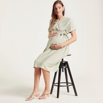 Love Mum Solid Twill Dress with Short Sleeves and Side Tie-Up