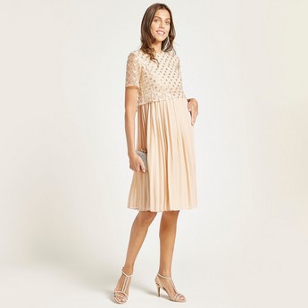 Love Mum Maternity Dress with Pleated Flair and Sheer Top