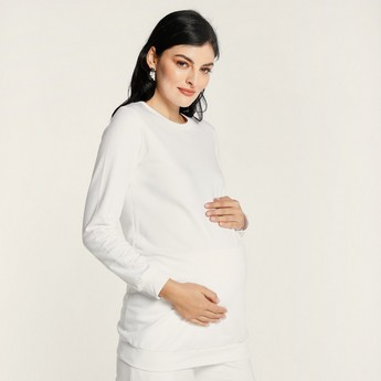 Love Mum Solid Maternity Sweatshirt with Round Neck and Long Sleeves