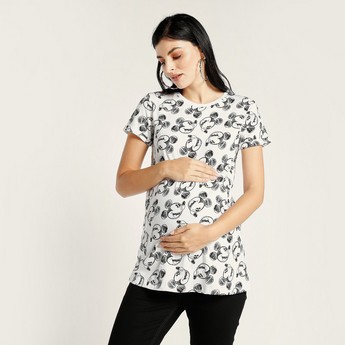 Love Mum All-Over Mickey Mouse Print Maternity T-shirt with Short Sleeves