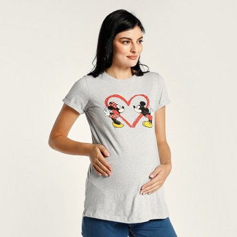 Love Mum Mickey Mouse Print Maternity T-shirt with Short Sleeves