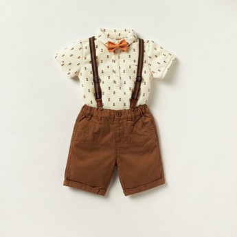 Juniors Printed Bodysuit and Shorts with Suspenders