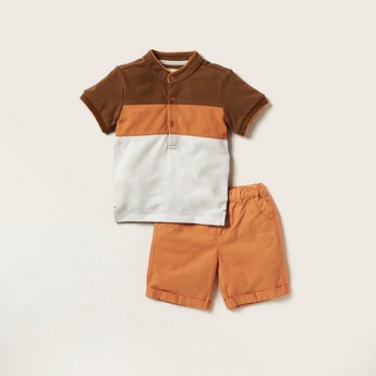 Juniors Colourblock T-shirt with Mandarin Collar and Shorts Set