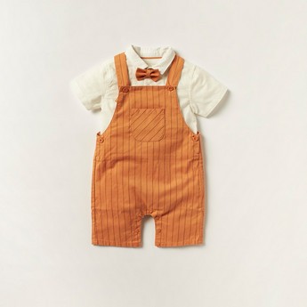 Juniors Solid Shirt with Striped Dungarees and Bow Detail