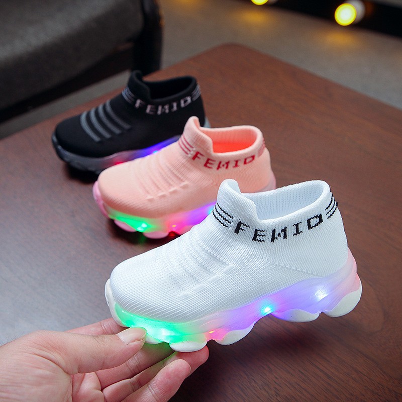 Kids Sneakers Children Baby Girls Boys Letter Mesh Led Luminous Socks Sport Running Sneakers Shoes Sapato Infantil Light Up