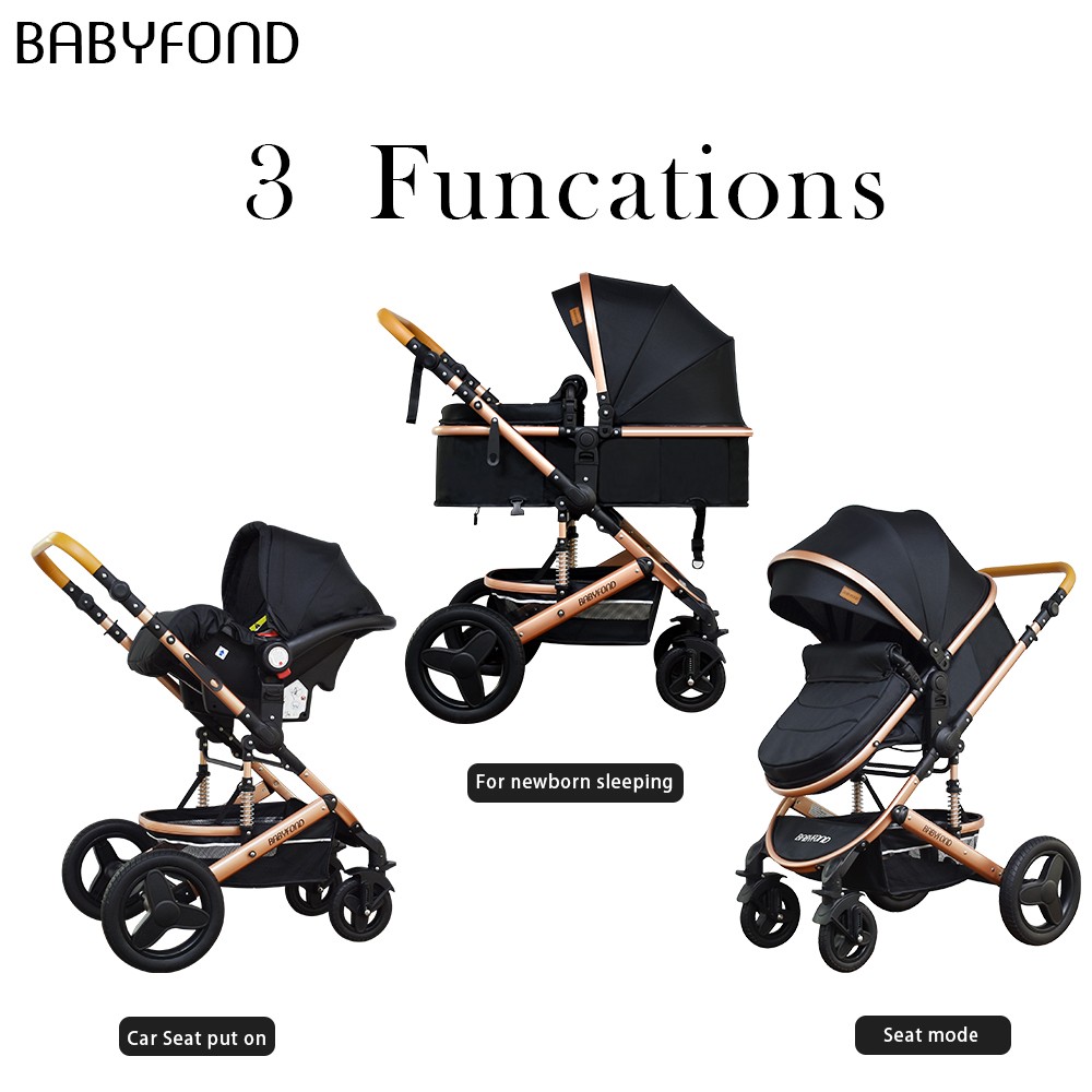 Babyfond Luxury 4 in 1 Baby Stroller High Landscape Mobility Light Stroller Newborn Baby Stroller Two-Way Folding Baby Shock Absorbing Car Sending Bag