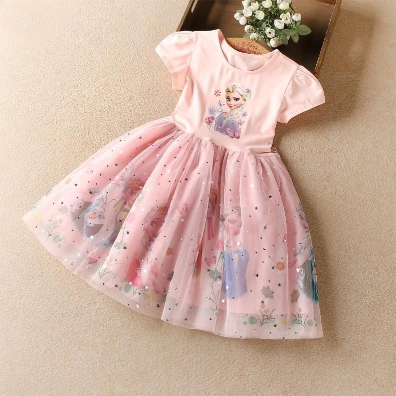 Summer 2022 Cartoon Girls Dress Princess Elsa Baby Dresses Toddler Kids Short Sleeve Cute Party Dresses