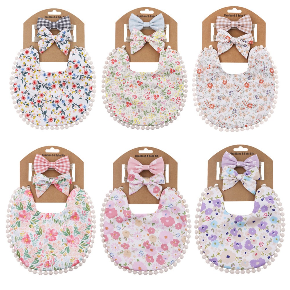 3pcs Children New Baby Plaid Printed Linen Baby Cotton Baby Double-sided Bib Bib Baby Saliva Towel Headband Set