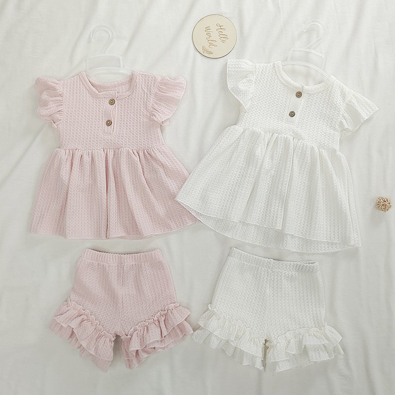 Fashion Baby Dress Clothes Set Newborn Cotton Waffle Princess Girls Top Flying Sleeves Buttons Ruffles A-Line Dress Shorts Set