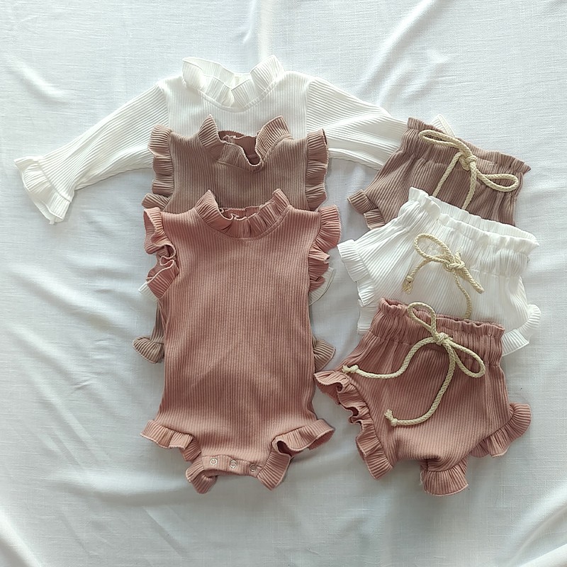 2pcs Infant Baby Girl Clothes Set Waffle Cotton Ruffle Newborn Sweater Romper Top Bloomer Pants Suit Outfits Summer Baby Clothes