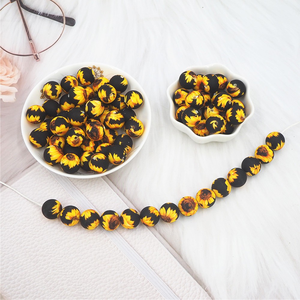 Chenkai 50pcs 15mm Sunflower Print Silicone Baby Beads Round Shape Teething Beads BPA Free DIY Sensory Chew Toy Accessories