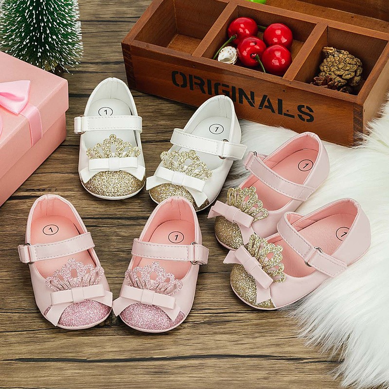Baby Girls Shoes Pink Bling Crown Princess Shoes Anti-slip Flat Rubber Sole Newborn First Walkers Baby Girls Shoes