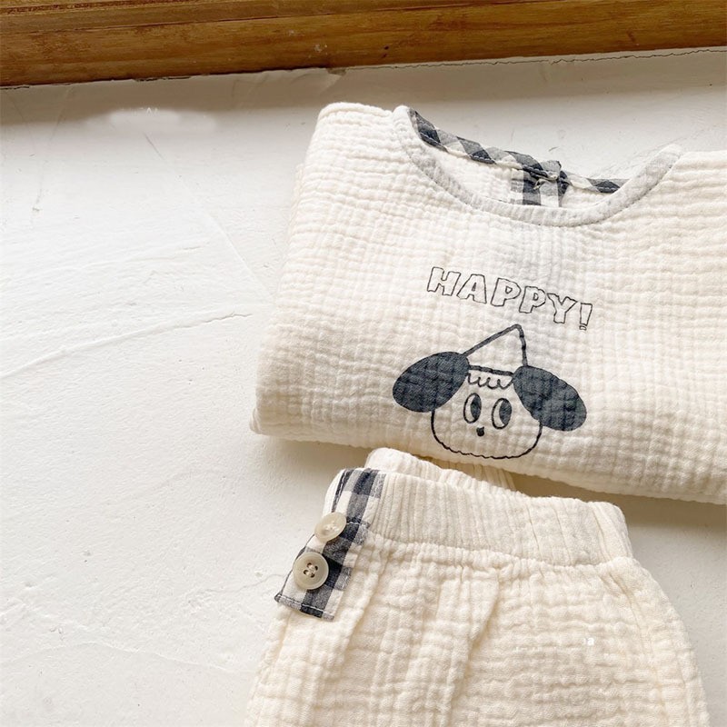 2022 New Baby Cotton Linen Clothes Set Plaid Cartoon Casual Tops Pants 2pcs Baby Set Cute Boy Girls Comfortable Infant Outfits