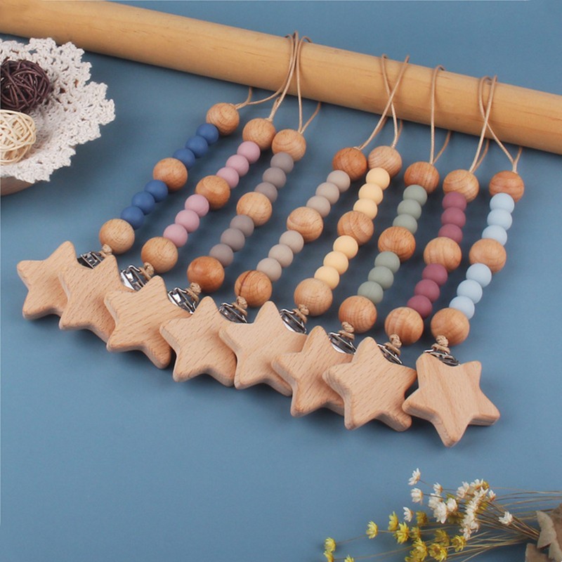 Safety Wooden Baby Infant Toddler Doll Pacifier Silicone Nipple Soother Clip Chain Strap Holder Baby Chew Teether Toy Teething