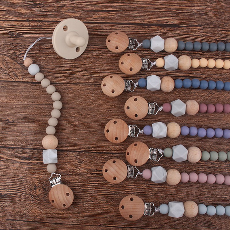 Safety Wooden Teether Baby Infant Baby Doll Pacifier Silicone Soother Nipple Clip Chain Strap Baby Holder Chew Toy Teether