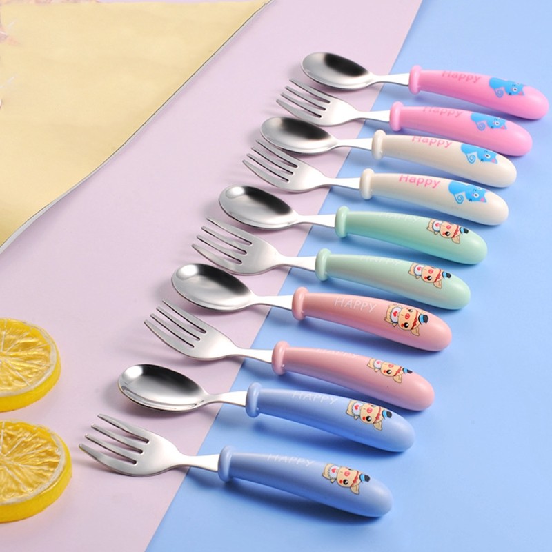 Baby Kids Cartoon Cute Spoon Fork Stainless Steel Tableware Training Learn Food Feeding Scoop Fork Utensils For Baby