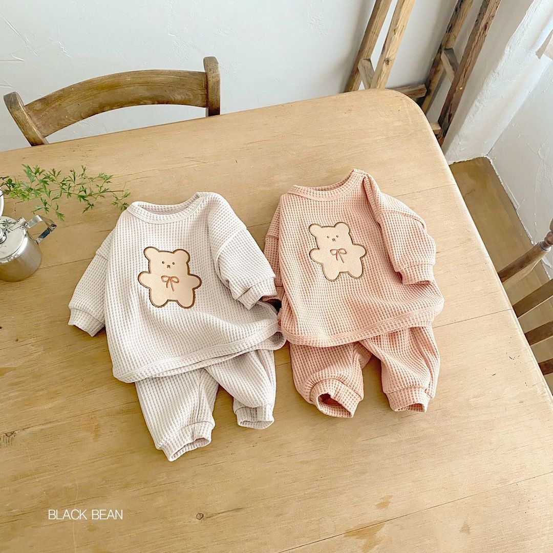 2022 New Children's Casual Clothes Set Boys Girls Bear Sweatshirt + Pants 2 Pieces Suit Solid Color Cotton Kids Baby Clothes
