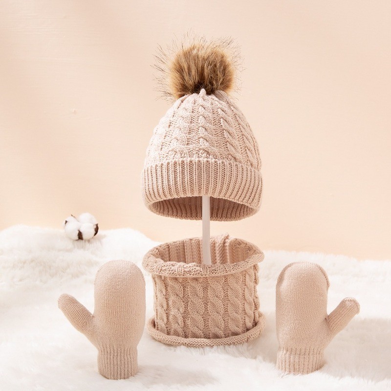 Cute Hat Scarf Set Beanie Hat Gloves 3pcs Children Hats Girls Fake Ball Pom Keep Warm Winter Knitted Skullies Kids Bone