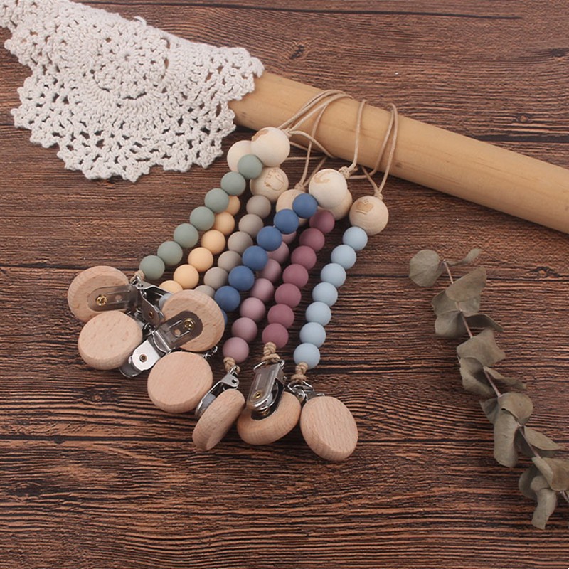 Wooden Baby Infant Toddler Doll Pacifier Silicone Soother Nipple Clip Chain Strap Baby Holder Chew Baby Teether Teething