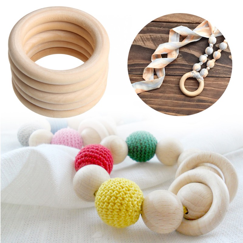 5pcs 70mm Baby Toys Beech Wooden Baby Teething Rings Baby Teething Accessories for Baby Necklace Bracelet Making DIY Craft