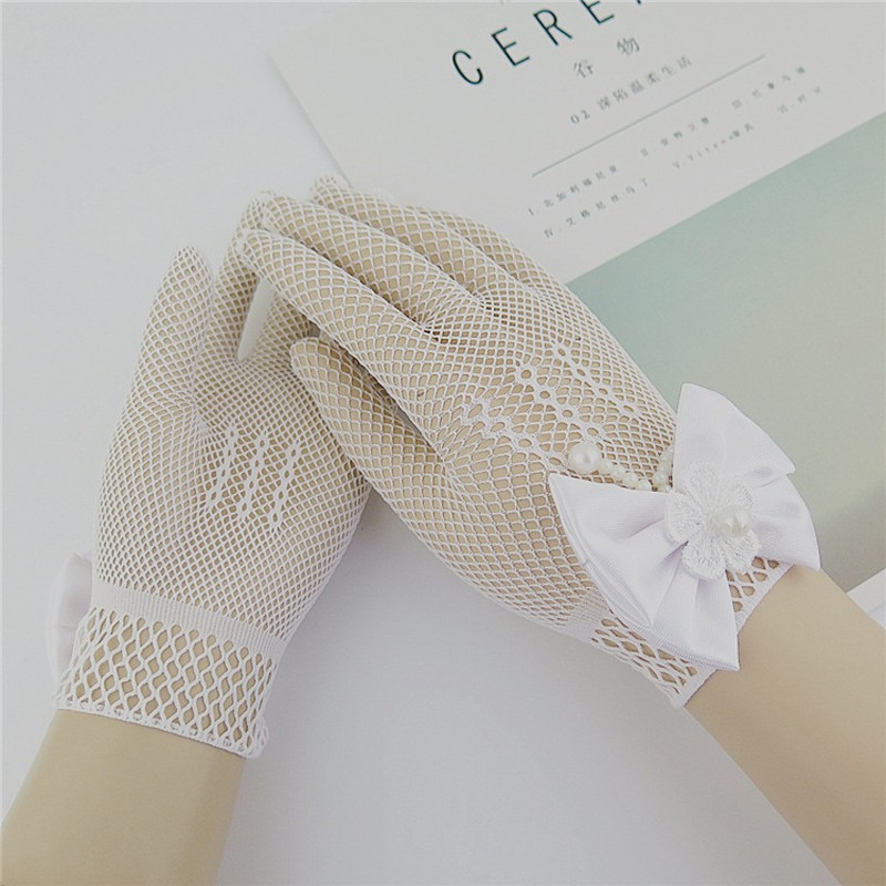 1 Pair Girls Kids White Lace Faux Pearl Fishnet Gloves Communion Flower Girl Bride Wedding Party Accessories