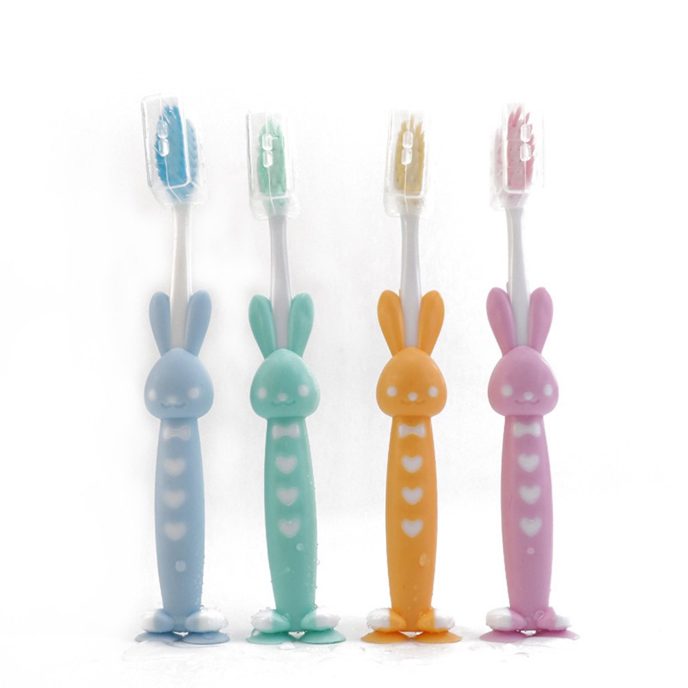 4pcs/set Baby Cartoon Silicone Toothbrush Cute Rabbit/Bear Shape Soft Fur Brush With Suction Seat Dental Health Tooth Brushes