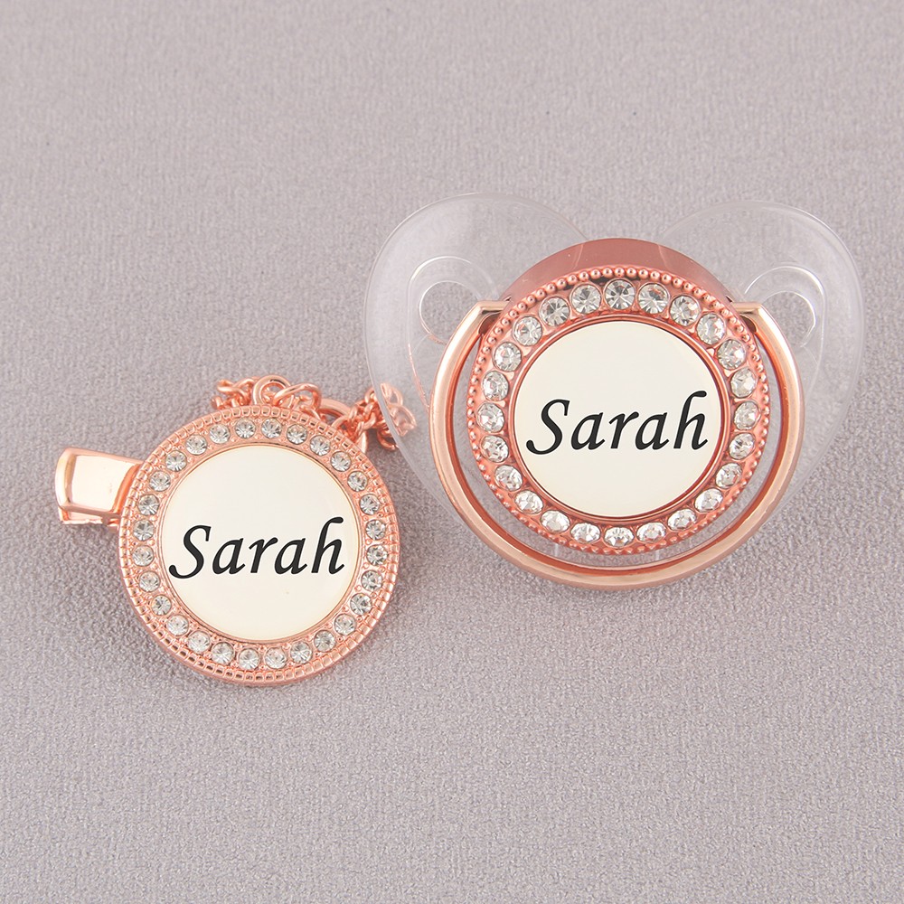 Luxury Rose Gold Personalized Logo Pacifier with Rhinestone Clips Orthodontic Soother Infant BPA Free Silicone Nipples