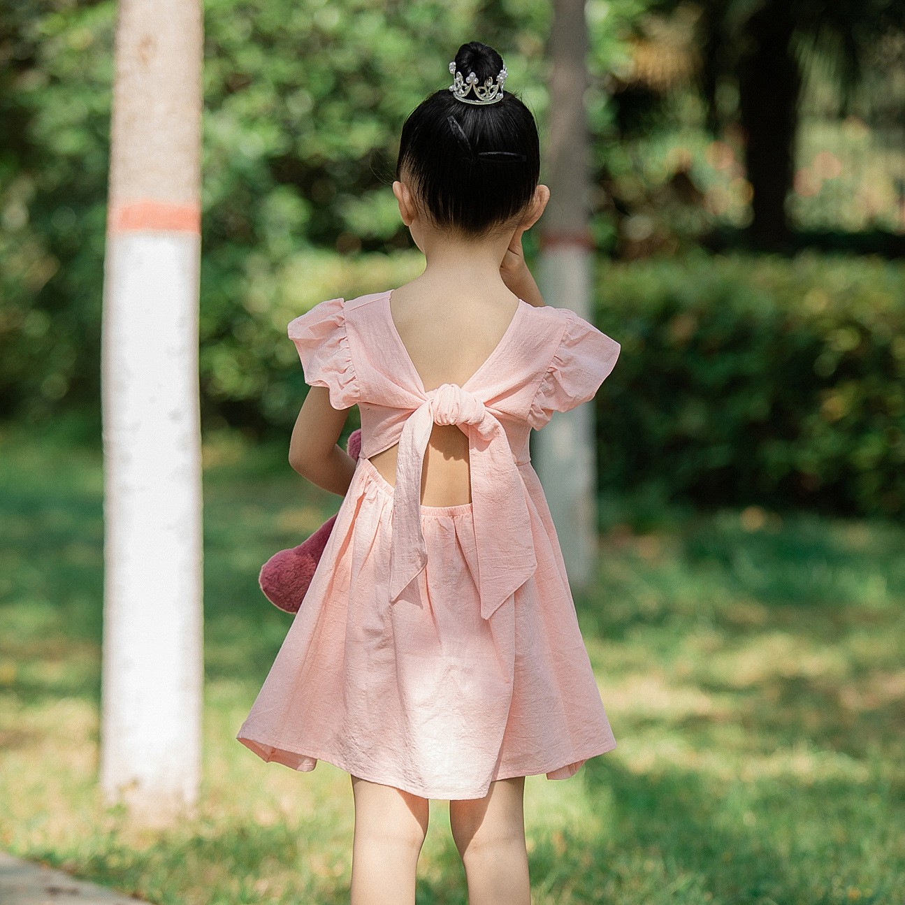 New Baby Girls Dress Bow Cotton Fly Sleeve Ruffles Lace Summer Pure Color Children Princess Skirt Kids Clothes