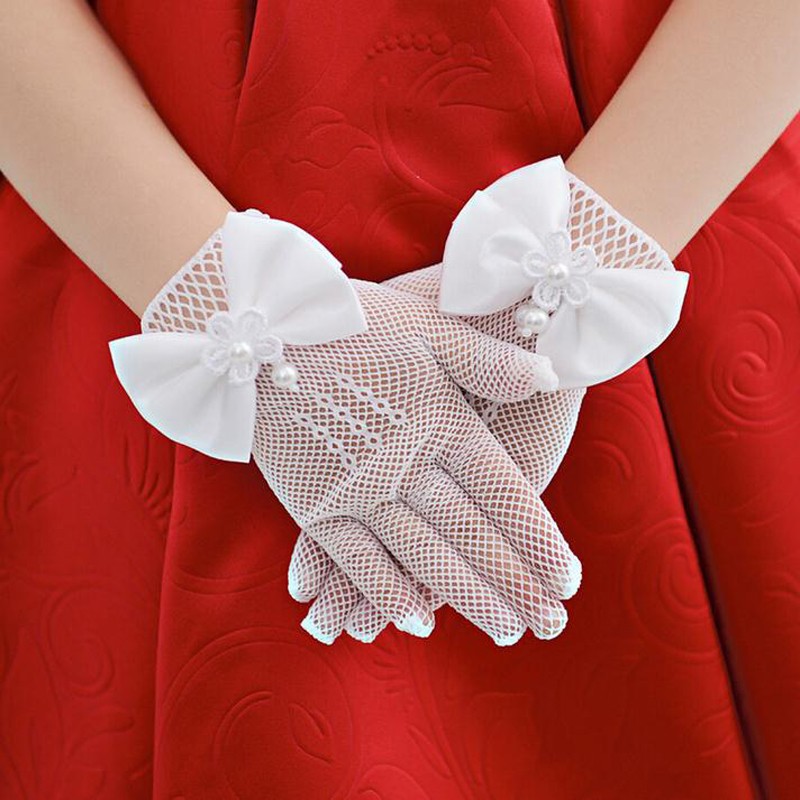 Exquisite White Lace Faux Pearl Fishnet Gloves Communion Flower for 4-15 Years Girls Kids Bride Party Accessories