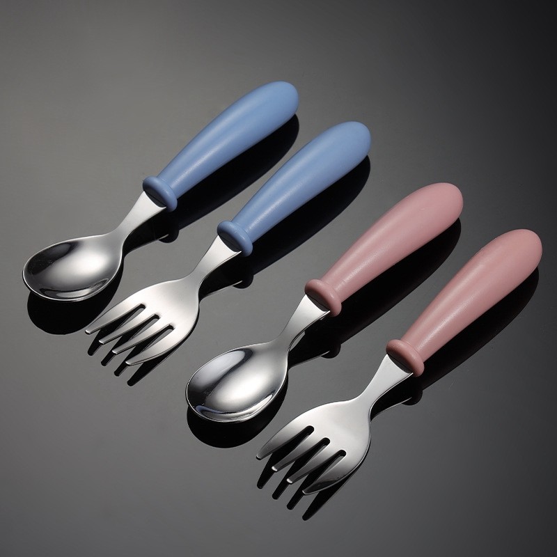 Stainless steel children fork spoon set baby learning short handle utensils cute baby training tableware infant feeding knives