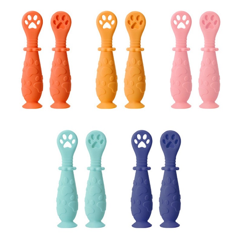 2pcs/set Baby Feeding Spoon Silicone Teether Training Utensils Newborn Learning Spoons Toddler Infant Tableware For Kids Cutlery