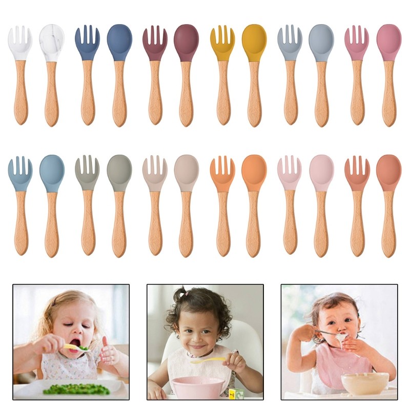 2pcs Silicone Baby Tips Feeding Training Spoon and Fork Set with Wooden Handle Toddlers Babies Eat Standalone Accessory