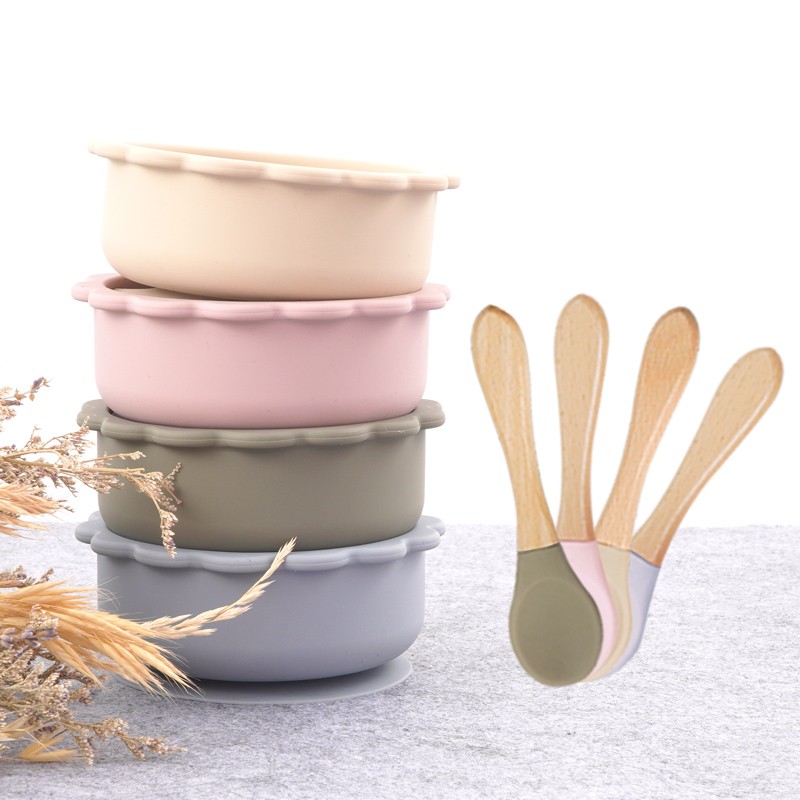 Cute silicone bowl children's complementary tableware food bowl BPA-free waterproof tableware plate wooden spoon silicone fork