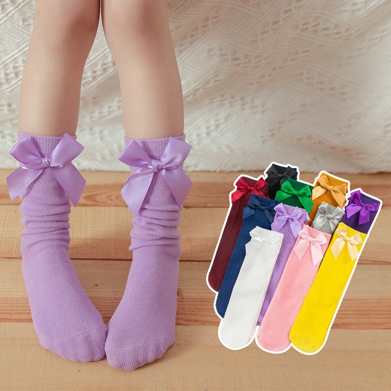 2021 New Girls Knee High Socks with Bows Candy Color Cotton Breathable Stockings Princess Socks School Navy Blue Socks