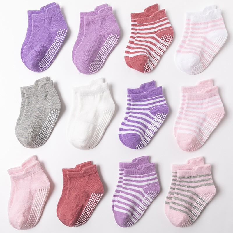 6 Pairs 0-5 Years Cotton Children Anti-Slip Boat Socks for Boys Girl Low Cut Floor Toddler Ankle Sock with Rubber Grips Four Season