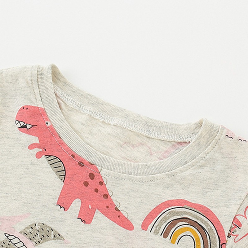 Jumping Meter Girls Cute Cartoon Dinosaur Rainbow T-shirts Autumn Casual Cotton Crew Neck For Long Sleeve Top Baby Clothes 2-7Y