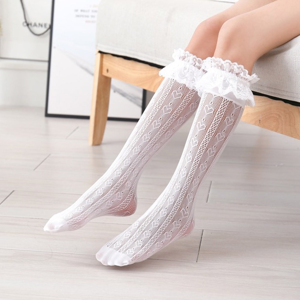 Children's Socks White Girl's Lolita Lace Knee High Socks Toddler Floral Sox Japanese Style Female Hollow Out Ruffle Cheap Stuff