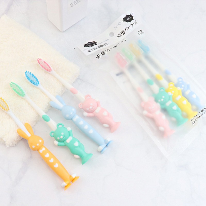 Baby Cartoon Silicone Toothbrush 4pcs/set Cute Rabbit/Bear Shape 4Colors Soft Brush With Suction Dental Seat Health Toothbrush