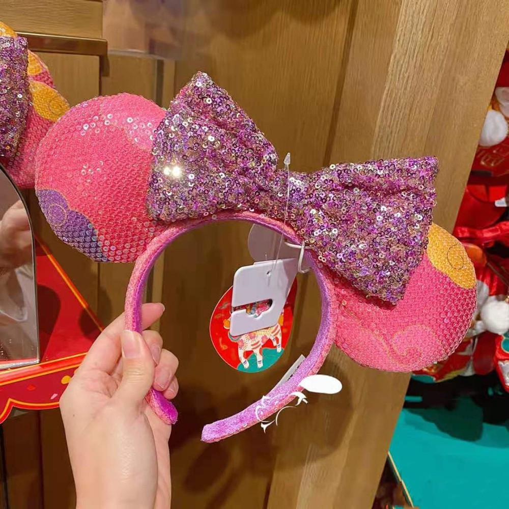 New Disney Mickey Mouse Ears Headband Space Lunar Mountain New Year Minnie Bow Pink Sequins Cartoon Anime Headdress Headband Gif