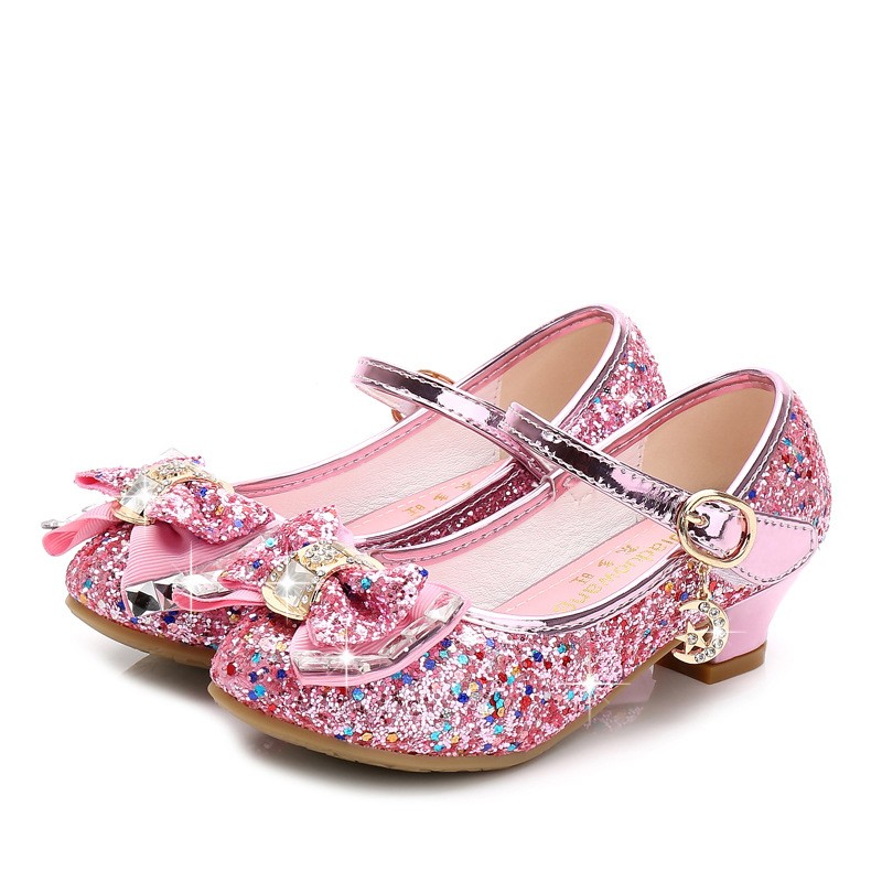 ULKNN-Children's leather shoes, casual high-heeled shoes with flowers and sequins, butterfly knot, blue, pink and silver, 2021