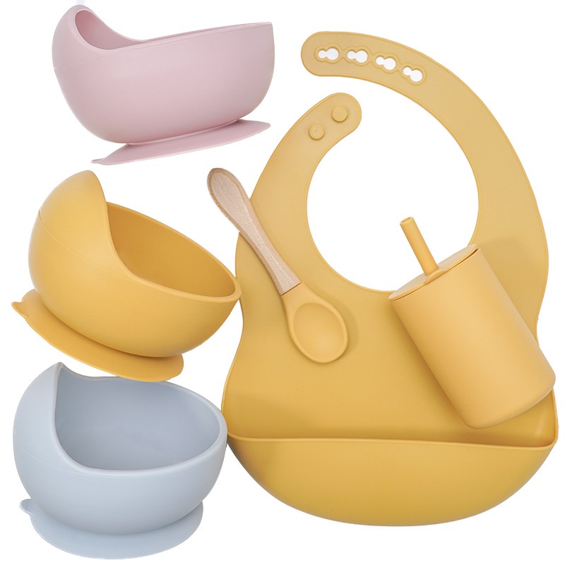 Baby Feeding Bowls Set Non Slip Silicone Bibs BPA Free Chewable Baby Tableware Food Grade Newborn Accessories