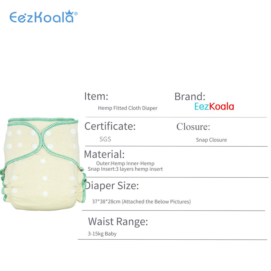 EezKoala 2 Pieces Eco Friendly OS Hemp Fitted Cloth Diapers, AIO All Diaper with Snap Insert, High Absorbency, Fits Baby 5-15kgs