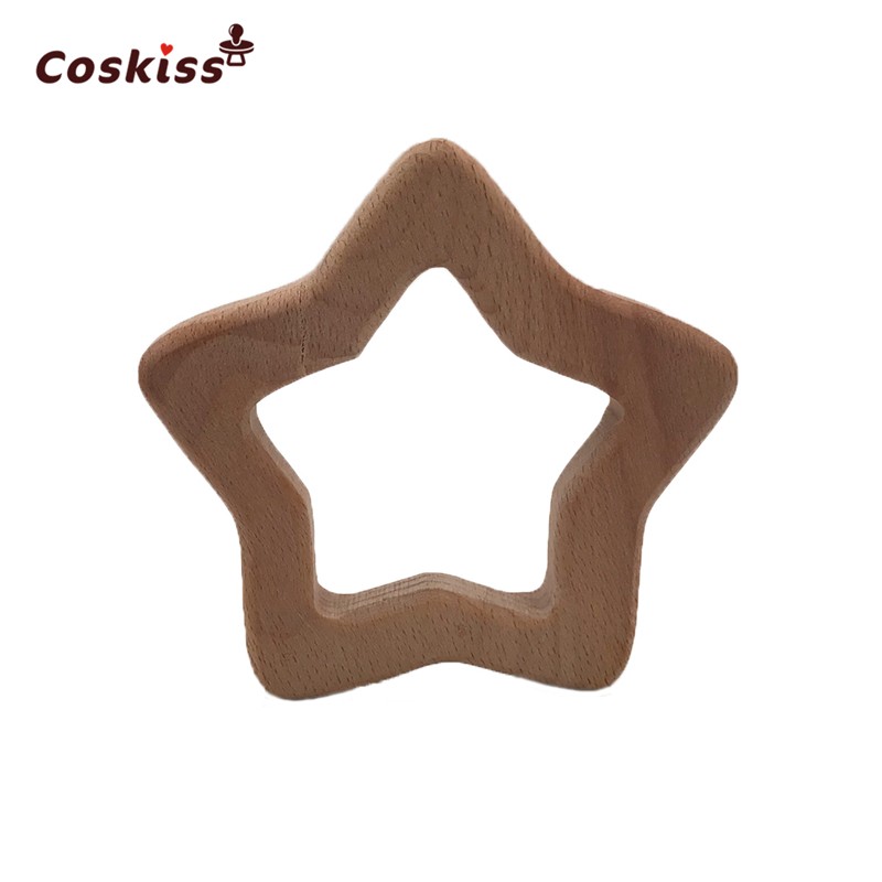 Coskiss 10pcs Handmade Beech Wood Star Teether Teether Silicone DIY Crafts Pendant Chew Pacifier Chain Accessories