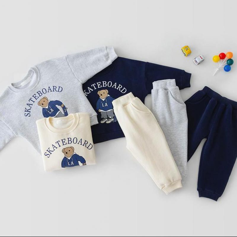 2022 Spring New Baby Girls Cute Bear Fashion Letter Sets Boys Long Sleeve Casual Top + Pants 2pcs Kids Clothes Sport Suit