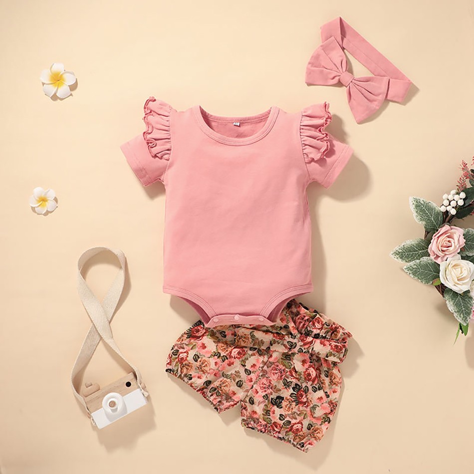 summer newborn baby girl clothes set solid color short sleeve ruffle romper tops flower short pants headband 3pcs infant outfits