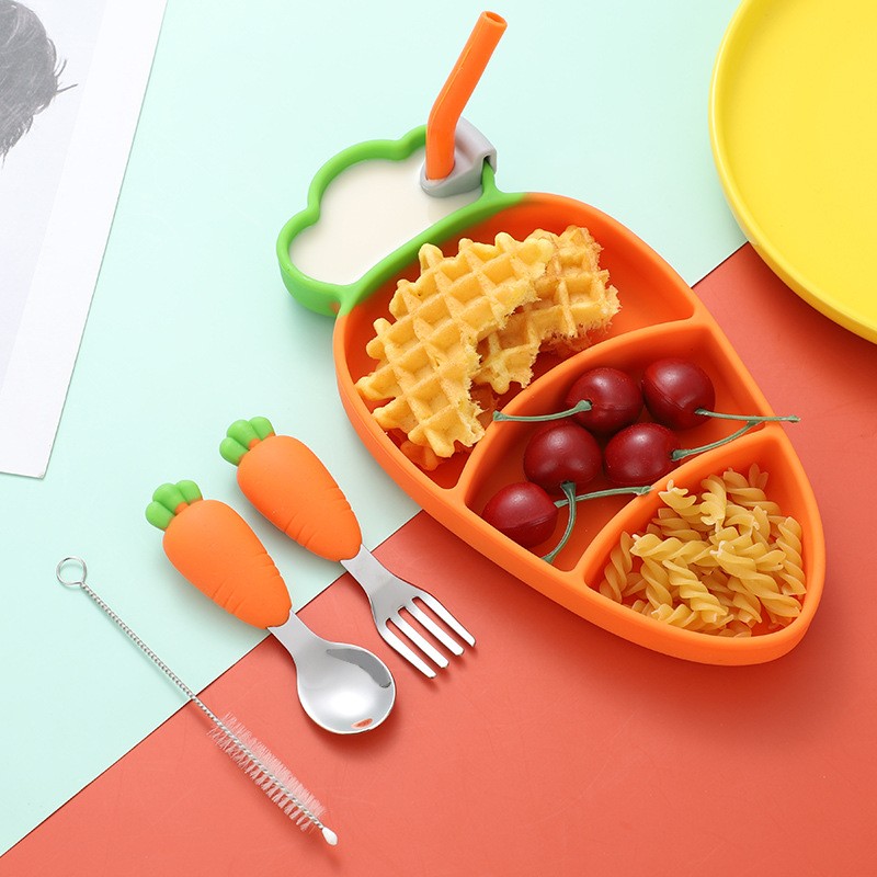 Baby Stainless Steel Silicone Cutlery Feeding Set Children Straw Cutlery Carrot Set Split Training Plate Spoon Fork Dinner Plate