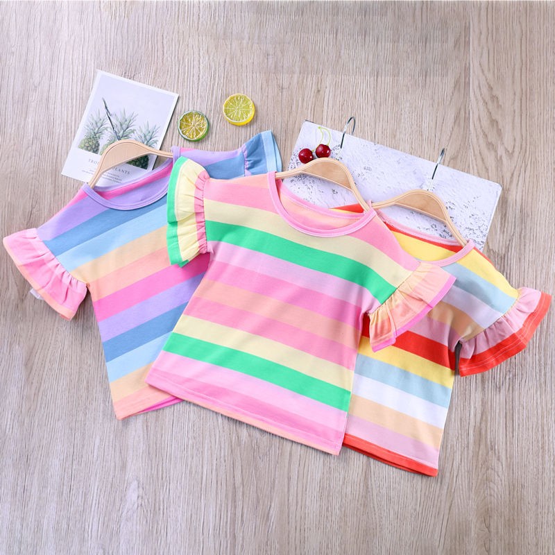 Girls Striped T-Shirt 2021 New Korean Baby Fashion Rainbow Shirts With Ruffle Sleeves Children All-match Tees 12M-8T JYF